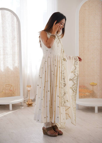 Party Wear White Color Roman Silk Arti Chauhan Anarkali Gown Set