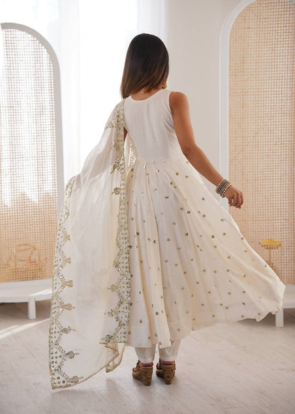 Party Wear White Color Roman Silk Arti Chauhan Anarkali Gown Set