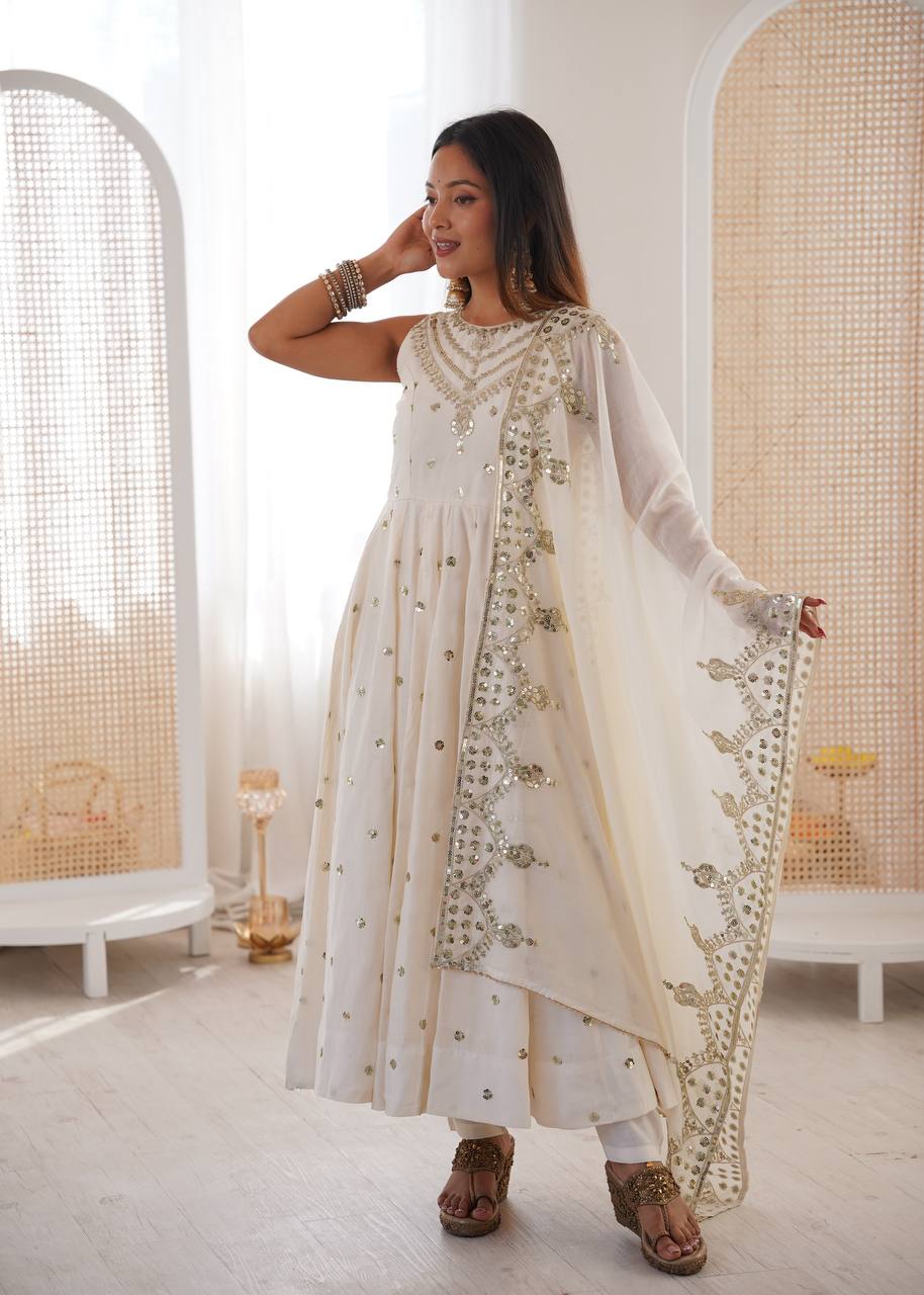 Party Wear White Color Roman Silk Arti Chauhan Anarkali Gown Set