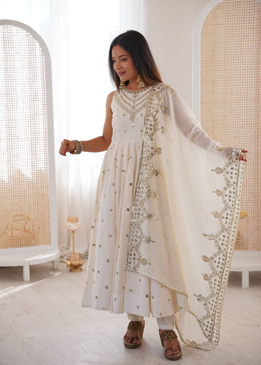 Party Wear White Color Roman Silk Arti Chauhan Anarkali Gown Set