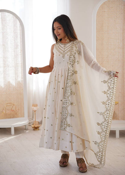 Party Wear White Color Roman Silk Arti Chauhan Anarkali Gown Set