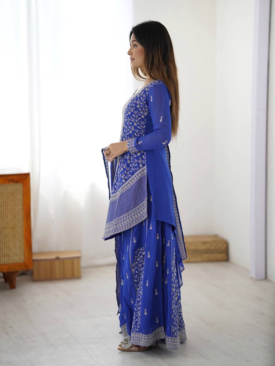 Arti Chauhan's Blue Color Embroidered Top With Palazzo With Dupatta Set