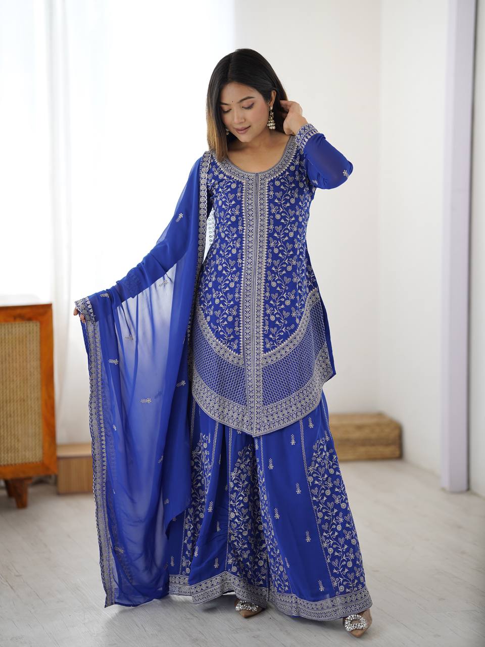 Arti Chauhan's Blue Color Embroidered Top With Palazzo With Dupatta Set