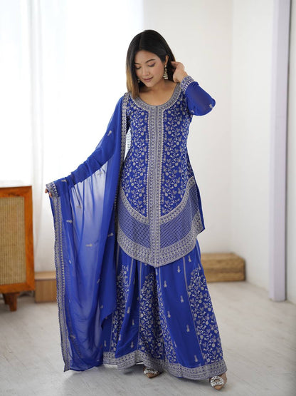 Arti Chauhan's Blue Color Embroidered Top With Palazzo With Dupatta Set