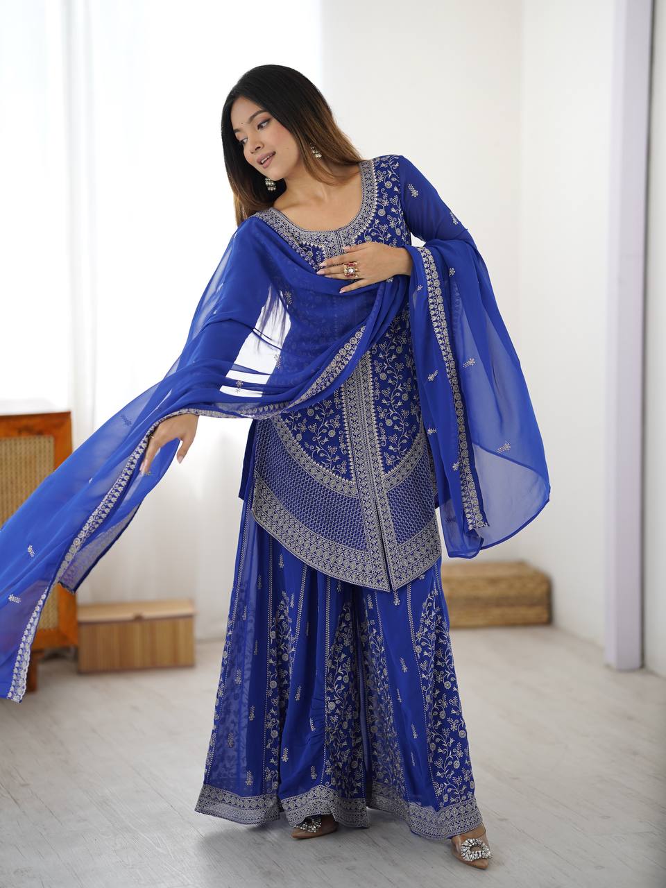 Arti Chauhan's Blue Color Embroidered Top With Palazzo With Dupatta Set