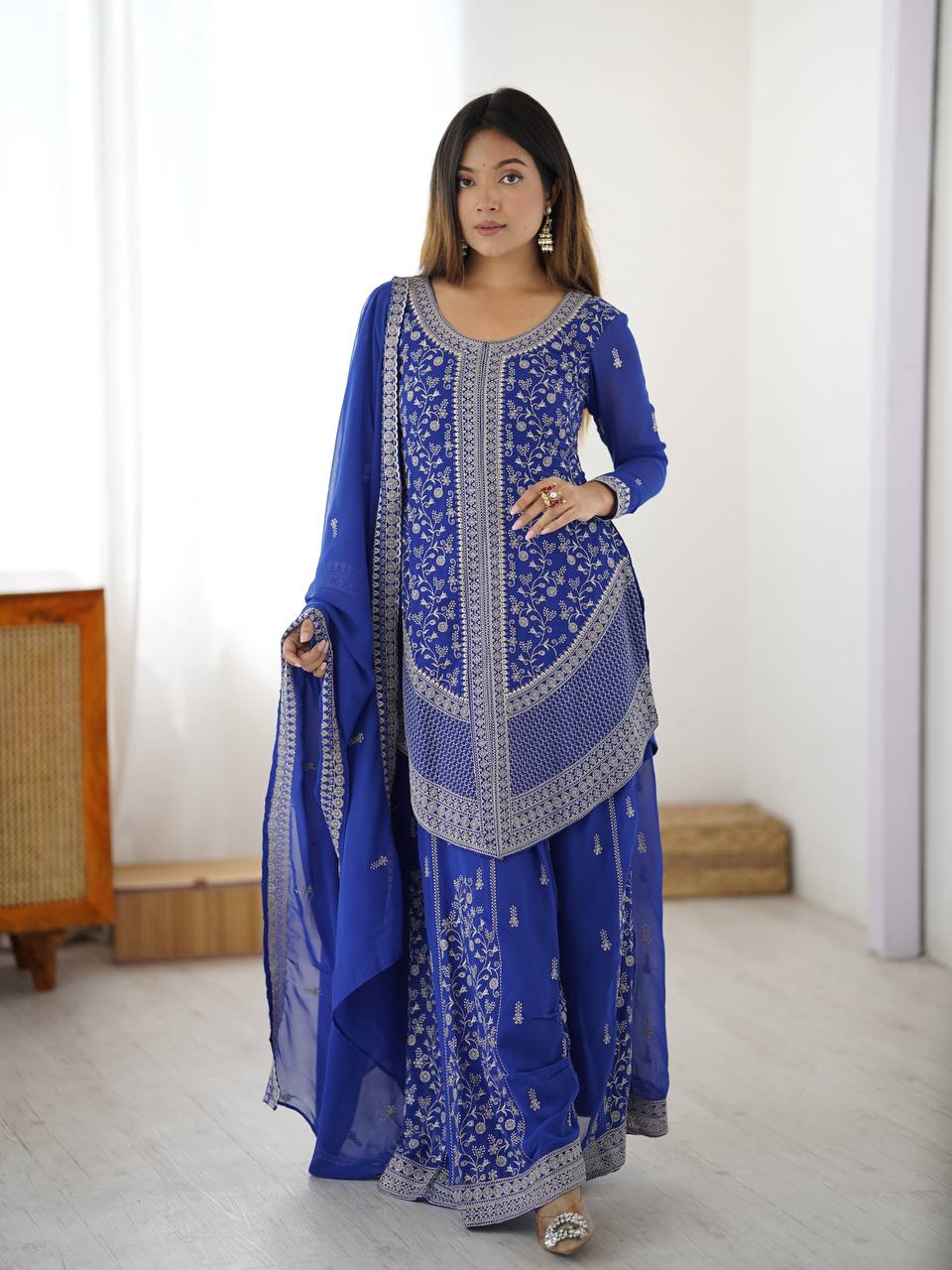 Arti Chauhan's Blue Color Embroidered Top With Palazzo With Dupatta Set