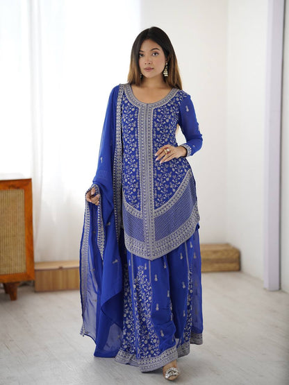 Arti Chauhan's Blue Color Embroidered Top With Palazzo With Dupatta Set