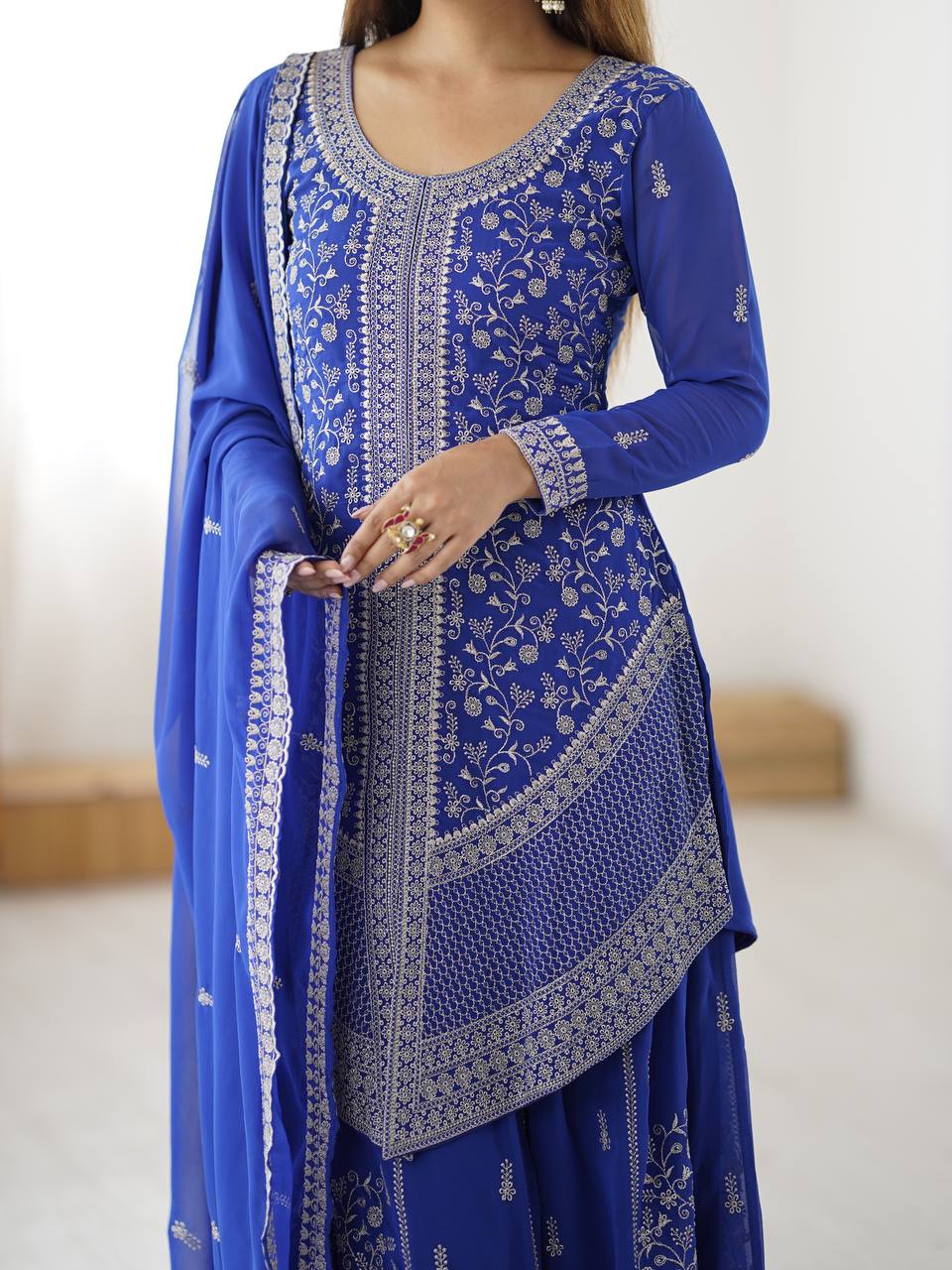Arti Chauhan's Blue Color Embroidered Top With Palazzo With Dupatta Set