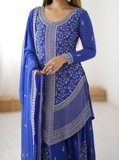 Arti Chauhan's Blue Color Embroidered Top With Palazzo With Dupatta Set