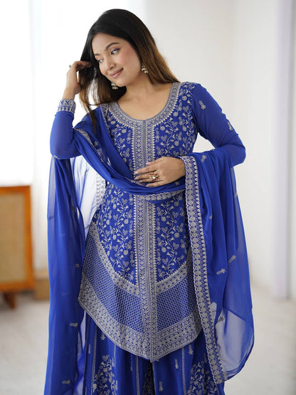 Arti Chauhan's Blue Color Embroidered Top With Palazzo With Dupatta Set