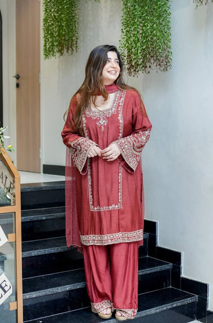 Wedding Wear Brown Color Ready To Wear Designer Palazzo Suit Set