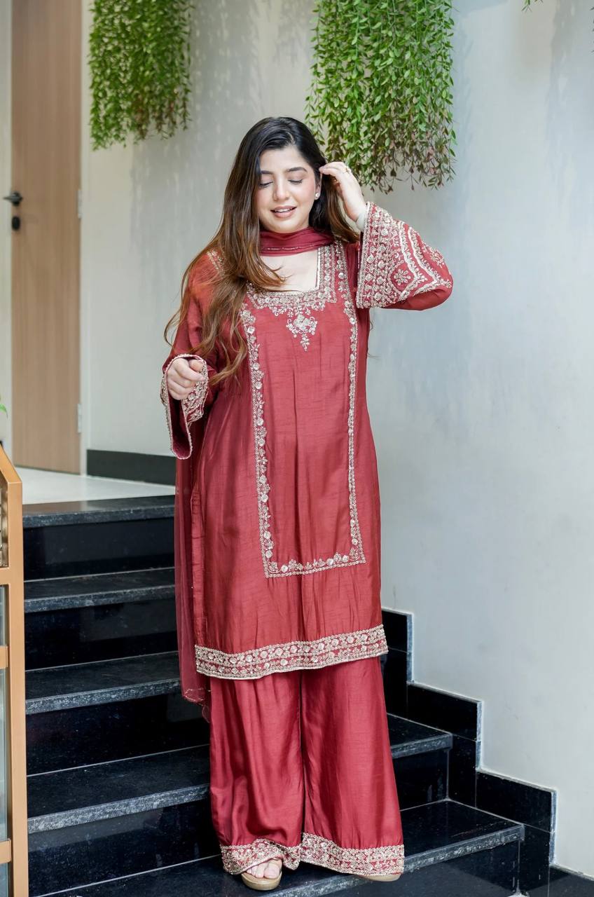 Wedding Wear Brown Color Ready To Wear Designer Palazzo Suit Set