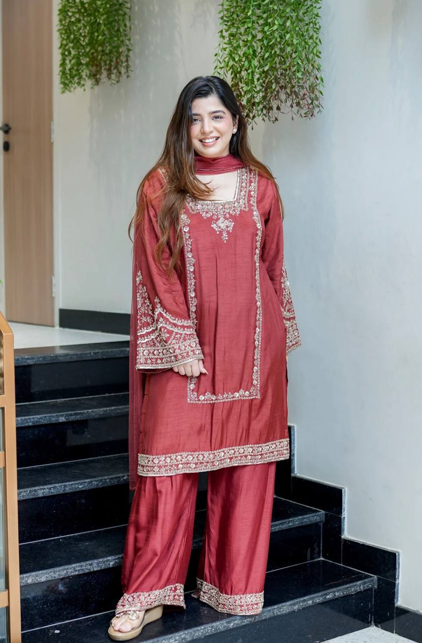 Wedding Wear Brown Color Ready To Wear Designer Palazzo Suit Set