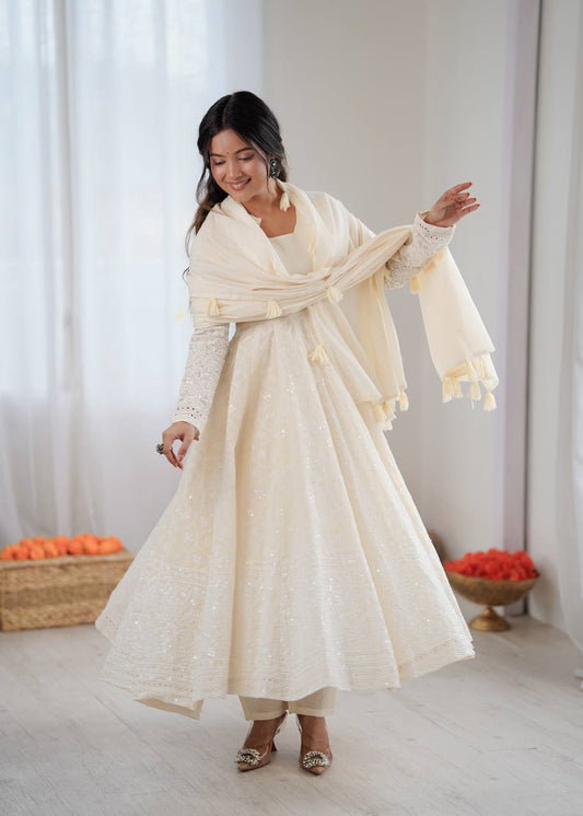 Arti Chauhan Wear Off White Color Pure Kora Cotton Anarkali Gown Set