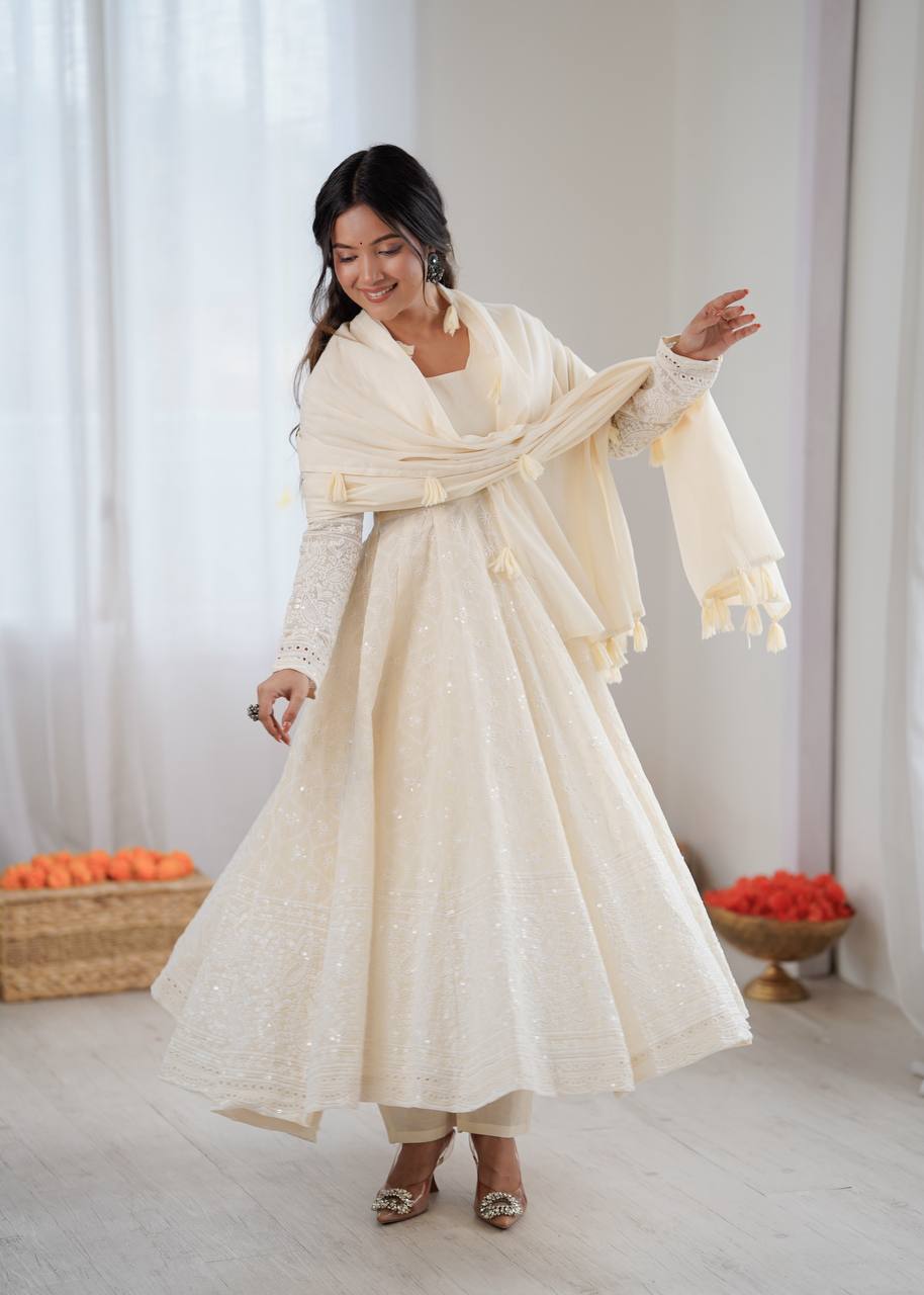 Arti Chauhan Wear Off White Color Pure Kora Cotton Anarkali Gown Set