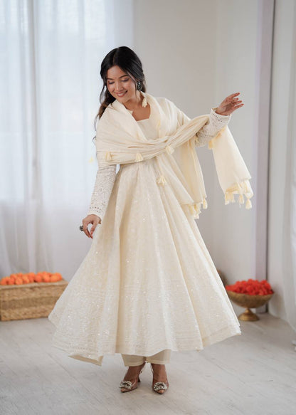 Arti Chauhan Wear Off White Color Pure Kora Cotton Anarkali Gown Set