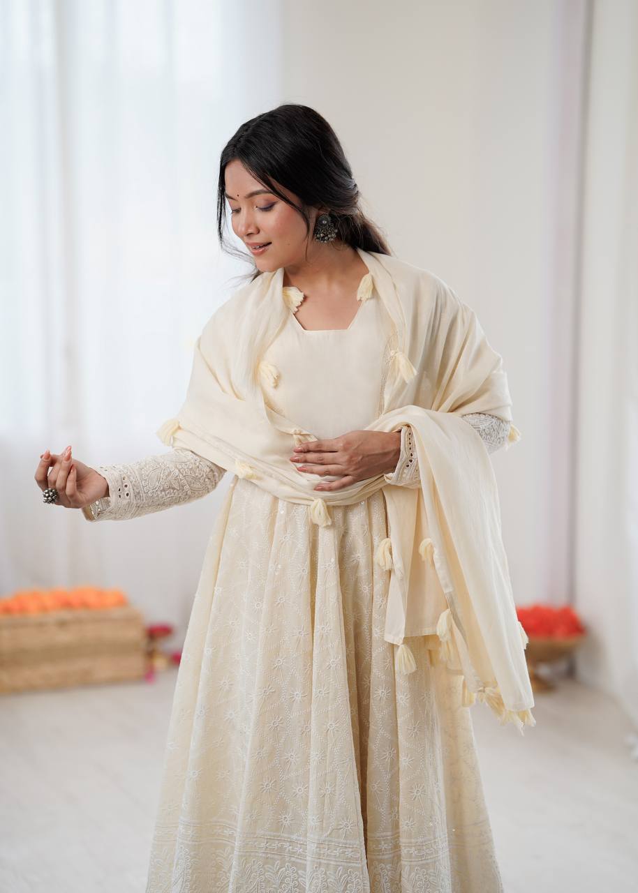 Arti Chauhan Wear Off White Color Pure Kora Cotton Anarkali Gown Set