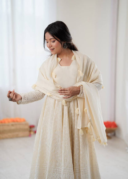 Arti Chauhan Wear Off White Color Pure Kora Cotton Anarkali Gown Set