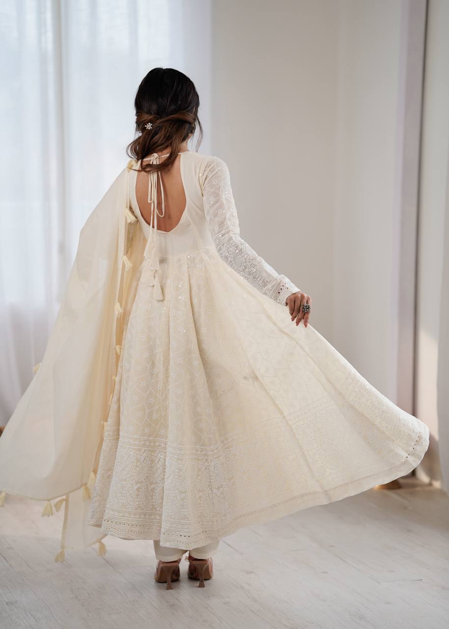 Arti Chauhan Wear Off White Color Pure Kora Cotton Anarkali Gown Set