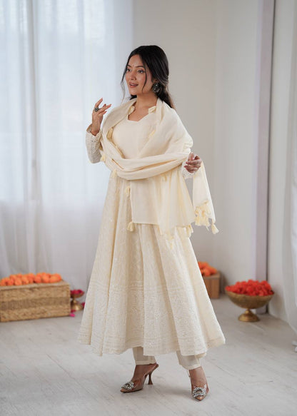 Arti Chauhan Wear Off White Color Pure Kora Cotton Anarkali Gown Set