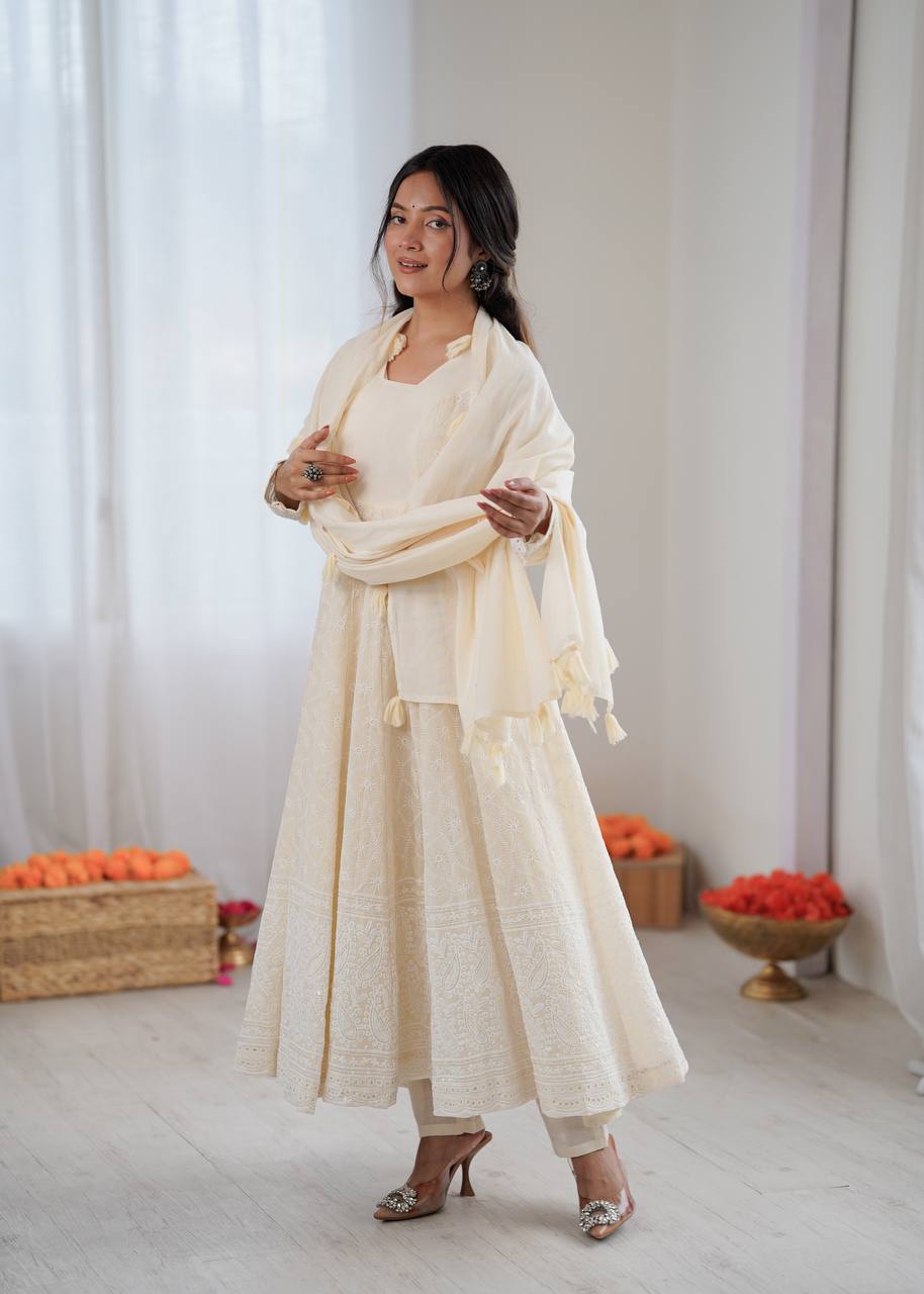 Arti Chauhan Wear Off White Color Pure Kora Cotton Anarkali Gown Set