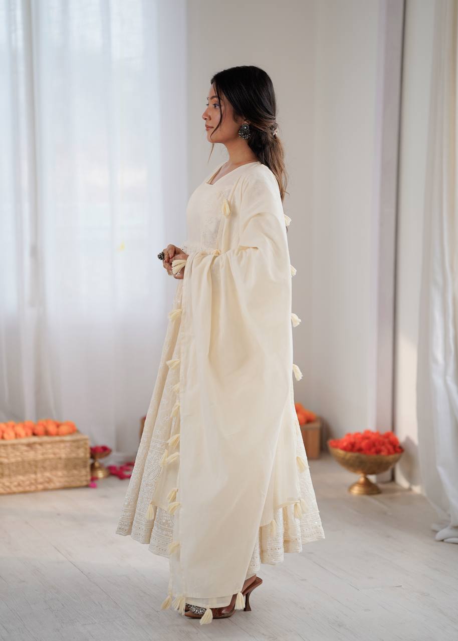 Arti Chauhan Wear Off White Color Pure Kora Cotton Anarkali Gown Set