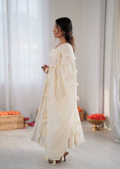 Arti Chauhan Wear Off White Color Pure Kora Cotton Anarkali Gown Set