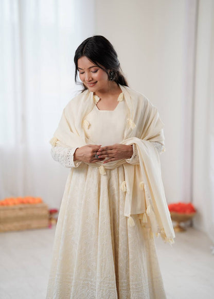 Arti Chauhan Wear Off White Color Pure Kora Cotton Anarkali Gown Set