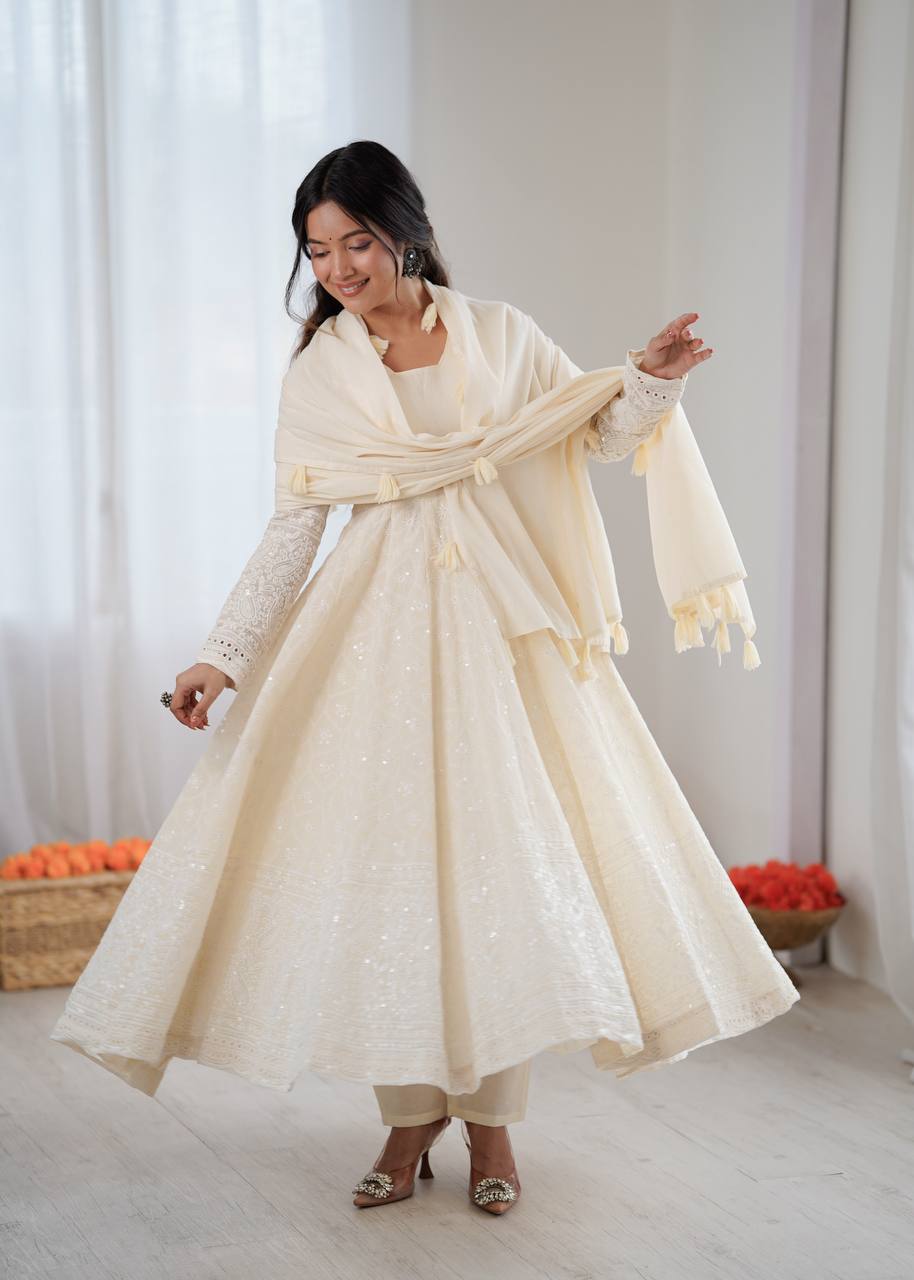 Arti Chauhan Wear Off White Color Pure Kora Cotton Anarkali Gown Set