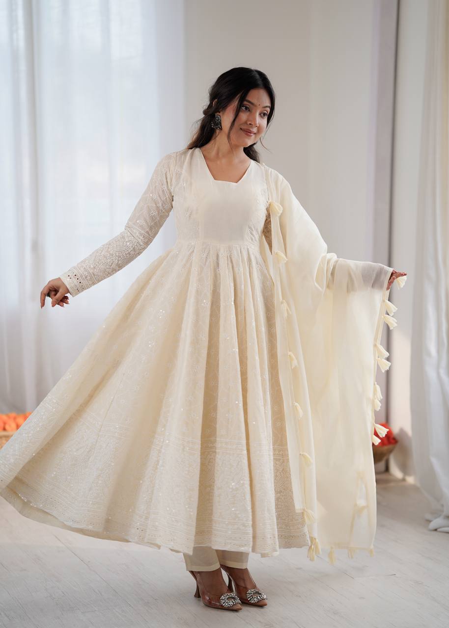 Arti Chauhan Wear Off White Color Pure Kora Cotton Anarkali Gown Set