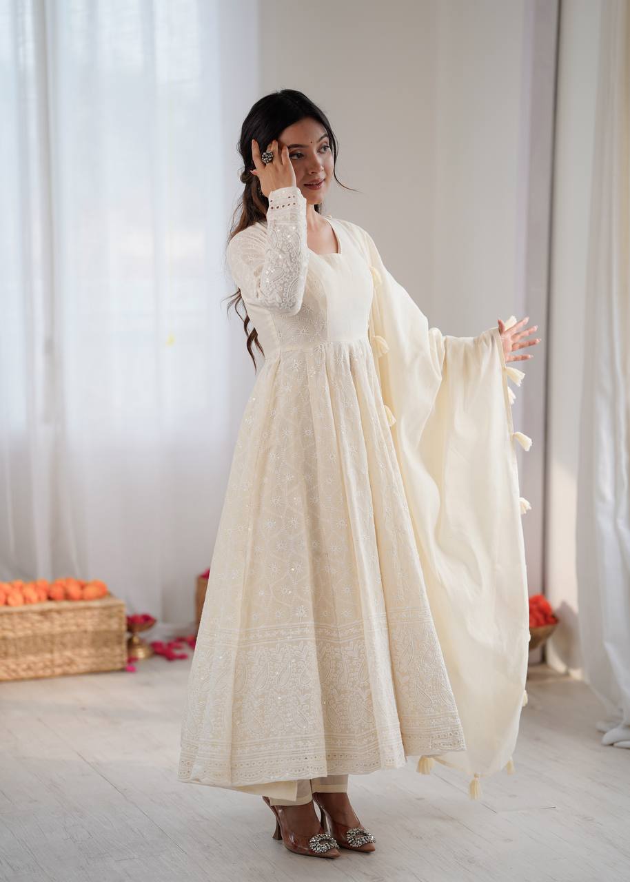 Arti Chauhan Wear Off White Color Pure Kora Cotton Anarkali Gown Set