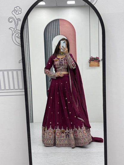 Traditional Wear Wine Color Pure Vichitra Heavy Embroidery Coading Sequence Thread Work Lehenga Choli
