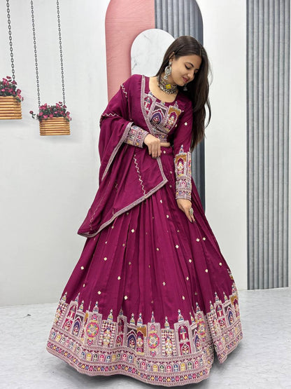 Traditional Wear Wine Color Pure Vichitra Heavy Embroidery Coading Sequence Thread Work Lehenga Choli