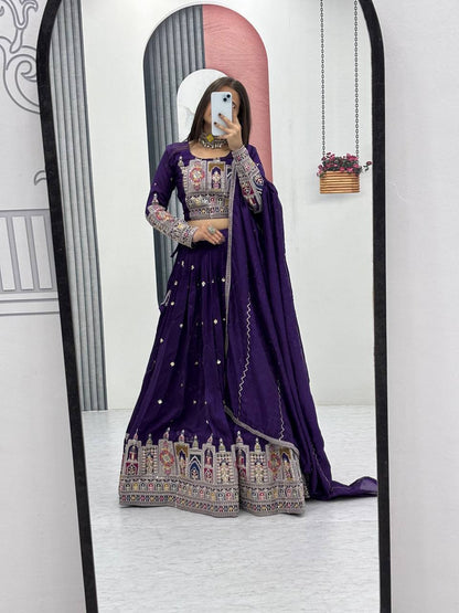 Traditional Wear Purple Color Pure Vichitra Heavy Embroidery Coading Sequence Thread Work Lehenga Choli