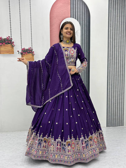 Traditional Wear Purple Color Pure Vichitra Heavy Embroidery Coading Sequence Thread Work Lehenga Choli