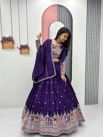 Traditional Wear Purple Color Pure Vichitra Heavy Embroidery Coading Sequence Thread Work Lehenga Choli