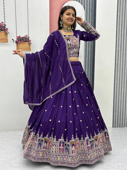 Traditional Wear Purple Color Pure Vichitra Heavy Embroidery Coading Sequence Thread Work Lehenga Choli