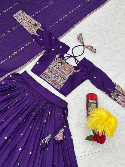 Traditional Wear Purple Color Pure Vichitra Heavy Embroidery Coading Sequence Thread Work Lehenga Choli