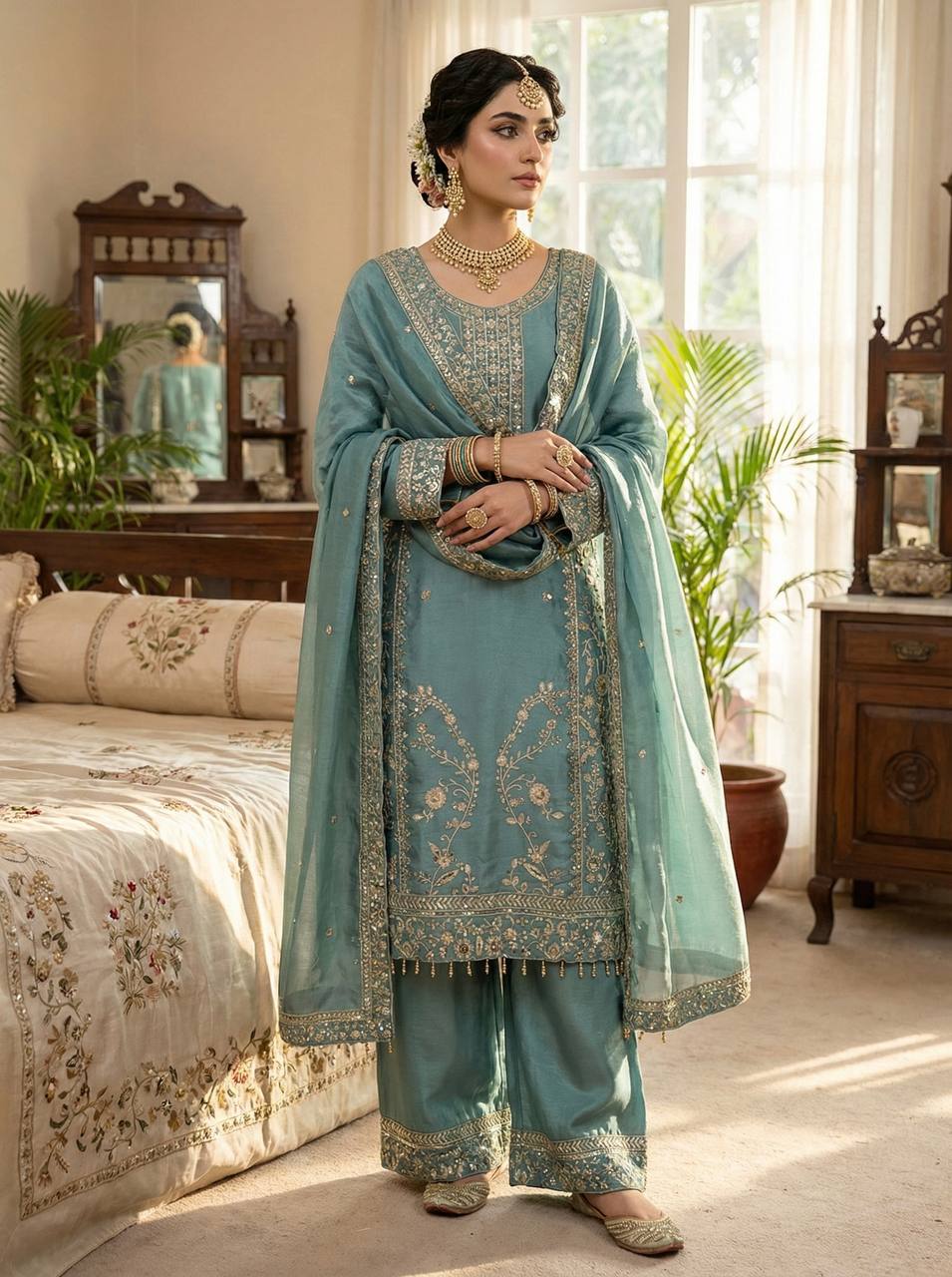 Fancy Green Color Embroidery Sequence Work Palazzo Set