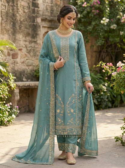 Fancy Green Color Embroidery Sequence Work Palazzo Set