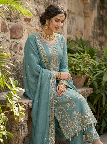 Fancy Green Color Embroidery Sequence Work Palazzo Set