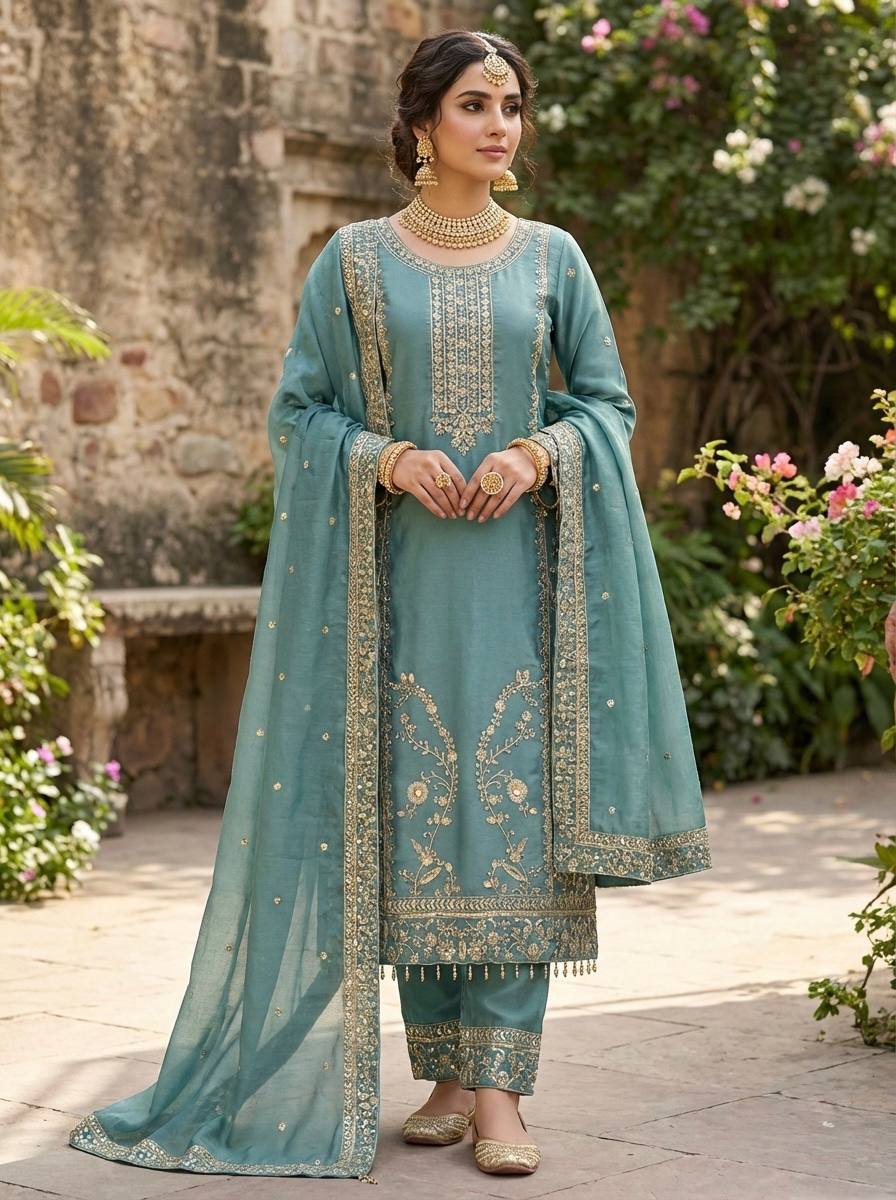 Fancy Green Color Embroidery Sequence Work Palazzo Set