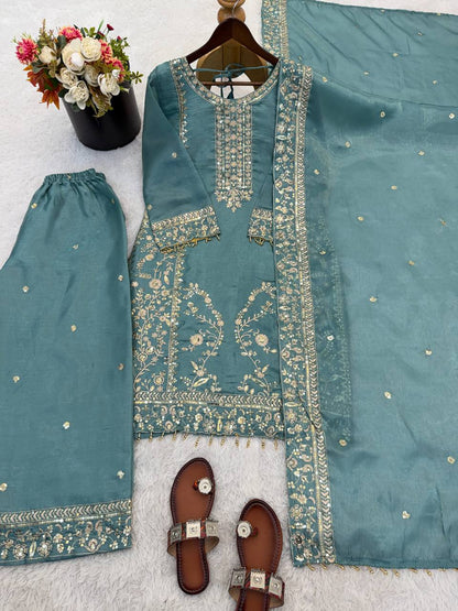 Fancy Green Color Embroidery Sequence Work Palazzo Set