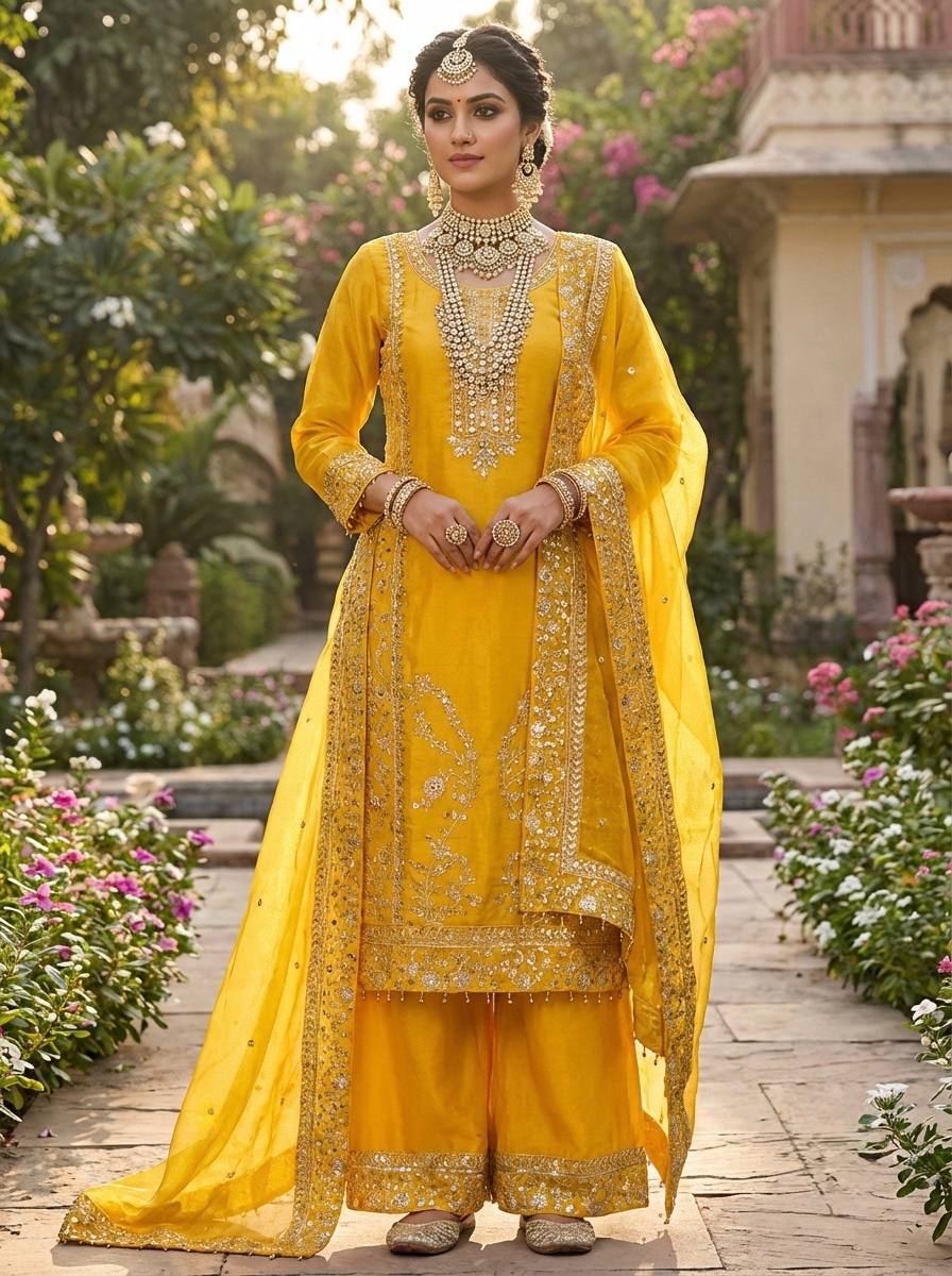 Haldi Wear Yellow Color Embroidery Sequence Work Palazzo Set