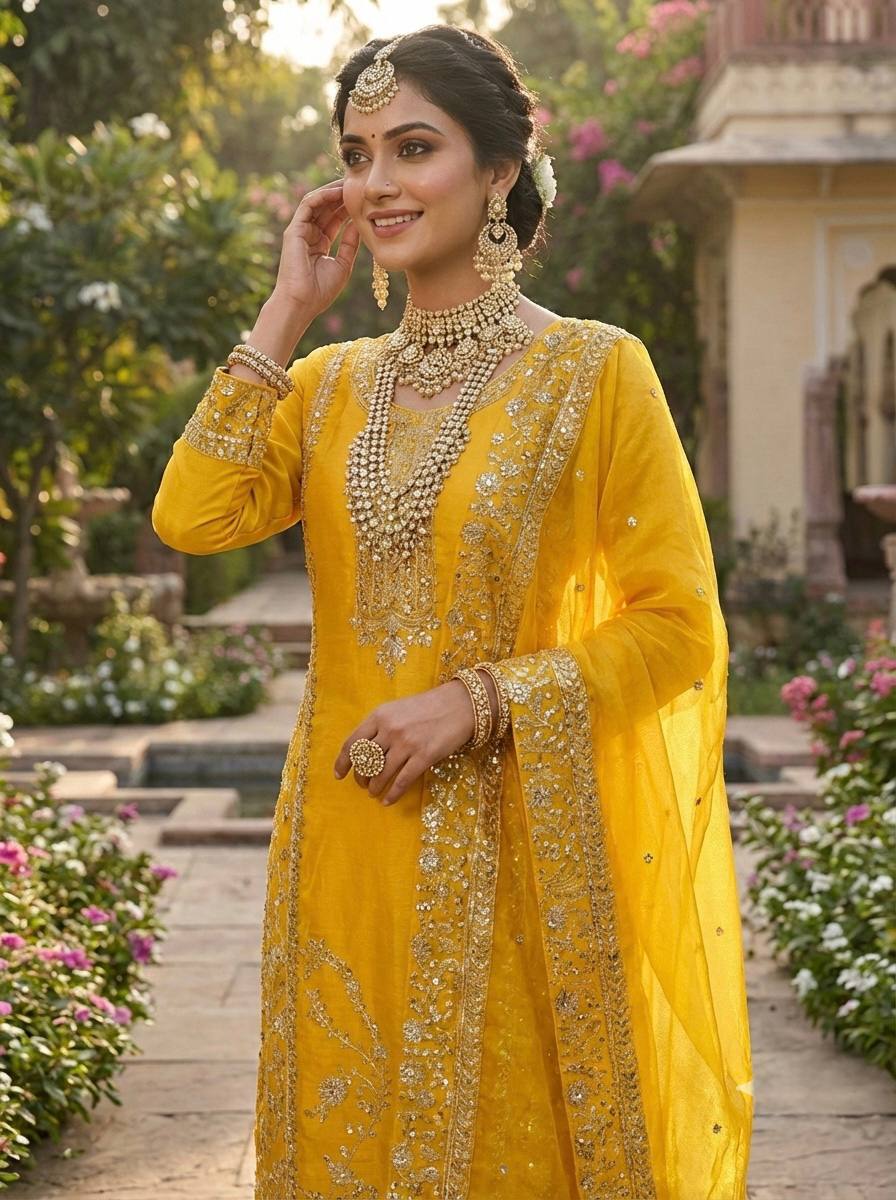 Haldi Wear Yellow Color Embroidery Sequence Work Palazzo Set