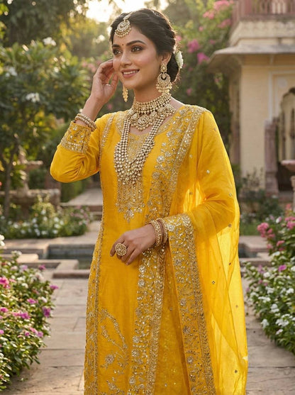 Haldi Wear Yellow Color Embroidery Sequence Work Palazzo Set