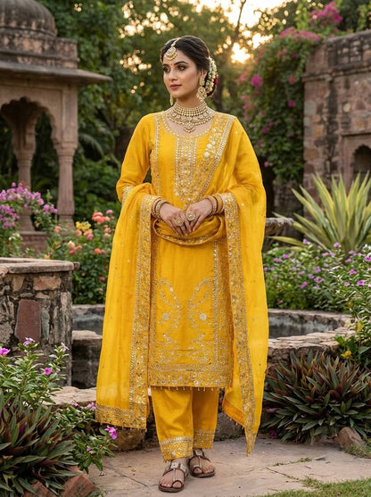 Haldi Wear Yellow Color Embroidery Sequence Work Palazzo Set