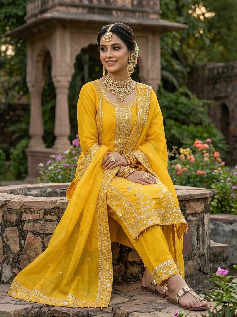 Haldi Wear Yellow Color Embroidery Sequence Work Palazzo Set