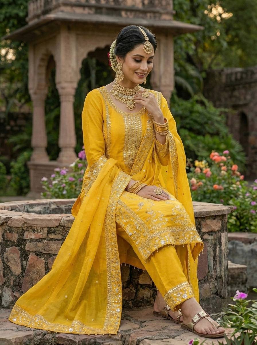 Haldi Wear Yellow Color Embroidery Sequence Work Palazzo Set