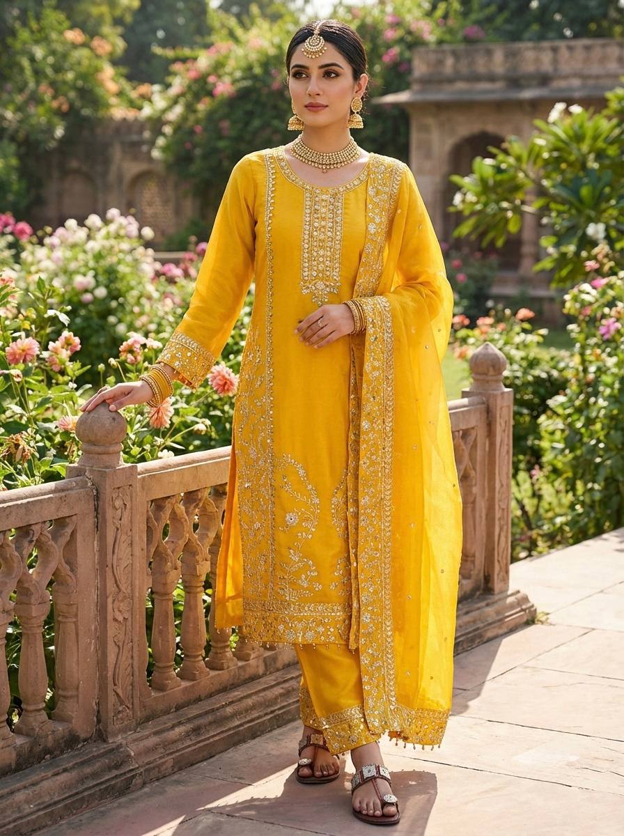 Haldi Wear Yellow Color Embroidery Sequence Work Palazzo Set